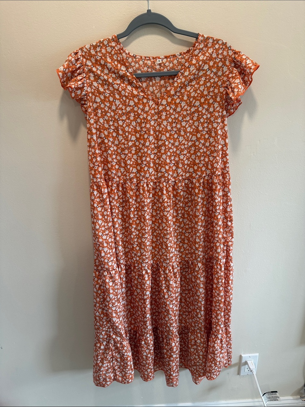 Floral Tiered Midi Dress in Rust Orange